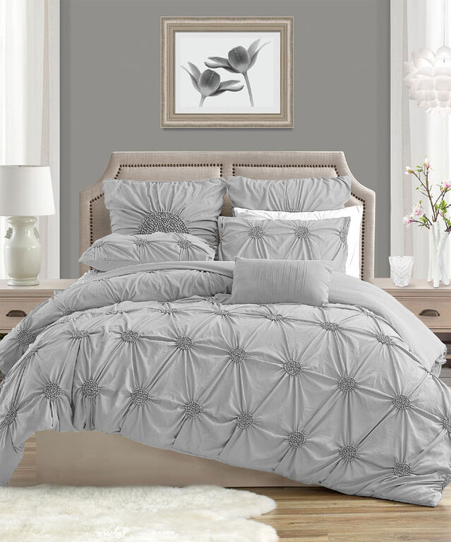 Swift Home  King Duvet Cover Set - Floral Ruched, Light Grey